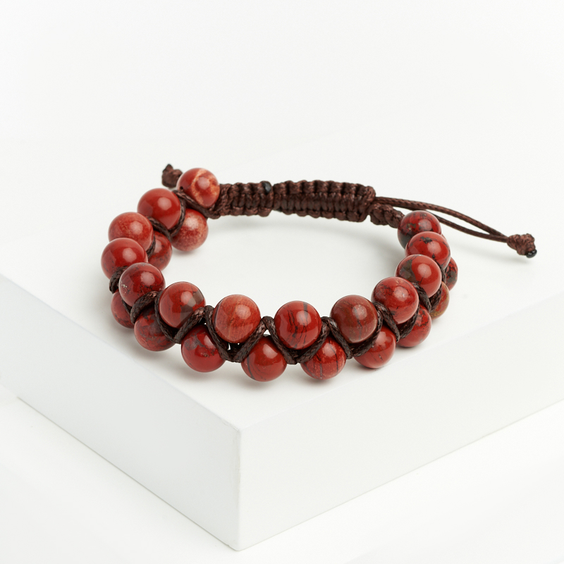 Браслет яшма красная ЮАР (текстиль) шамбала 8 мм 18 см (регулируемый)