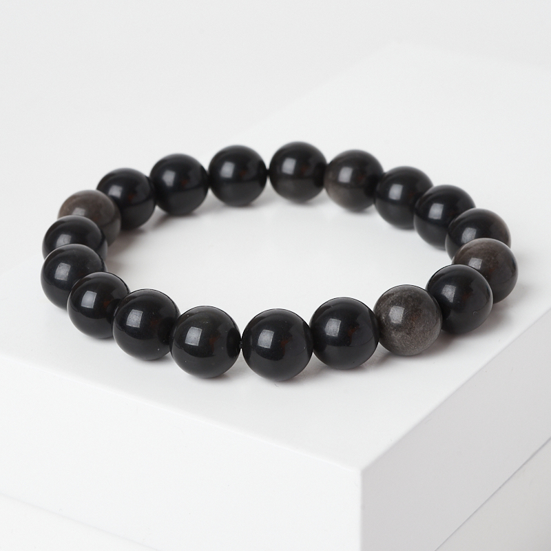 Браслет обсидиан серебристый Мексика 10&nbsp;мм 18&nbsp;см