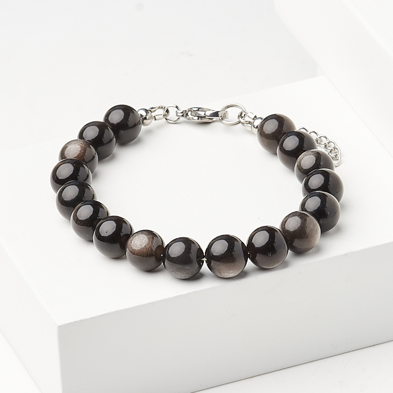 Браслет обсидиан серебристый Мексика (сталь хир.) 10 мм 17 см (+3 см)