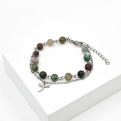 Браслет агат моховой Индия (сталь хир.) 6 мм 18 см (+3 см)