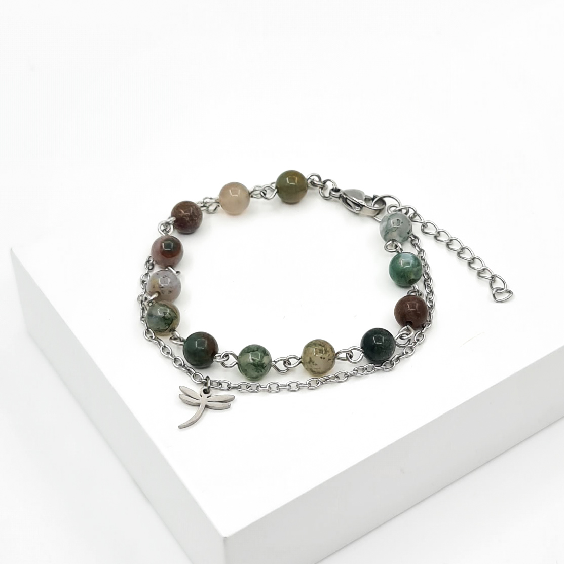 Браслет агат моховой Индия (сталь хир.) 6 мм 18 см (+3 см)