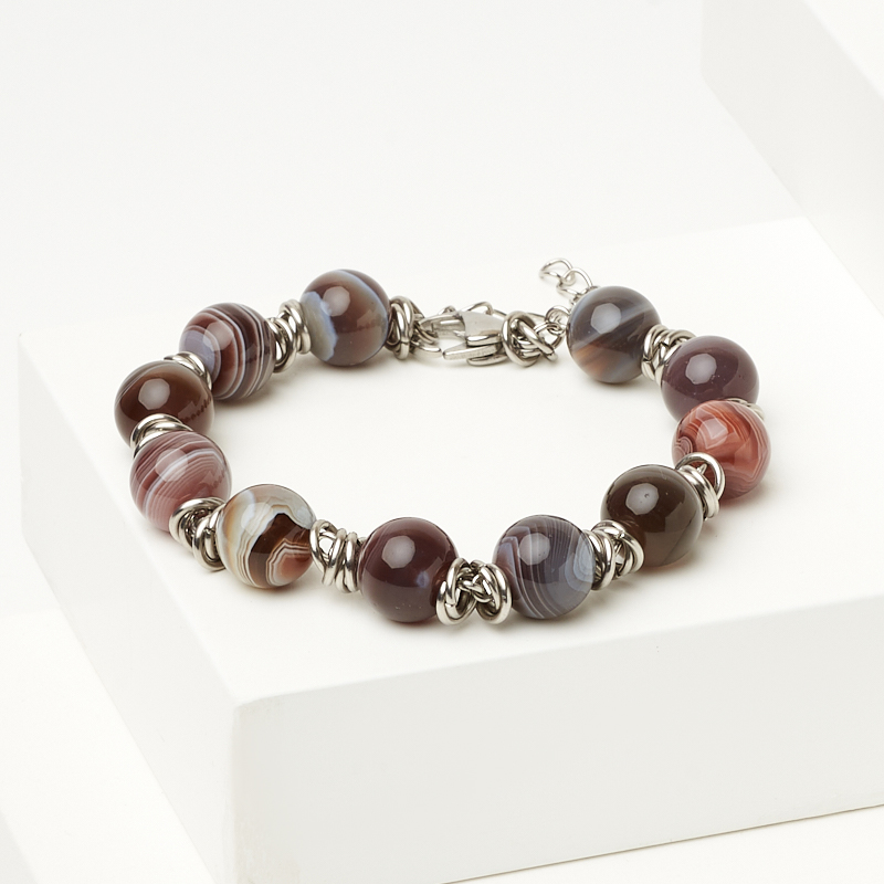 Браслет агат серый Ботсвана (сталь хир.) 10 мм 18 см (+3 см)