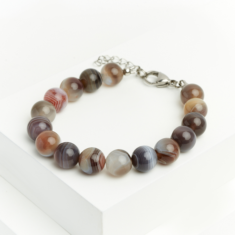 Браслет агат серый Ботсвана (сталь хир.) 10 мм 18 см (+3 см)