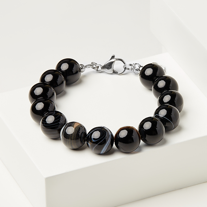 Браслет агат черный Бразилия (сталь хир.) 12 мм 17 см (+3 см)