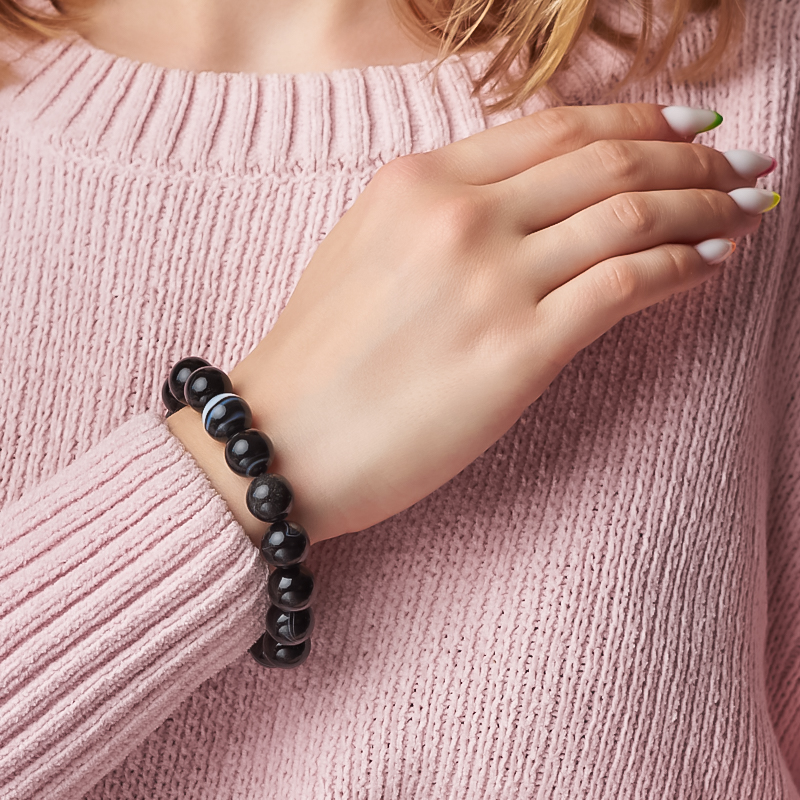 Браслет агат черный Бразилия 12 мм 18 см