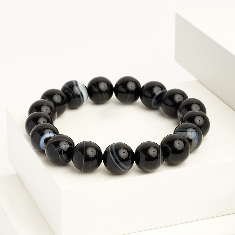 Браслет агат черный Бразилия 12 мм 18 см