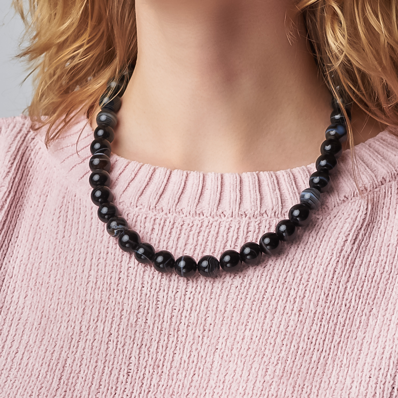 Бусы агат черный Бразилия (сталь хир.) 12 мм 48 см (+7 см)