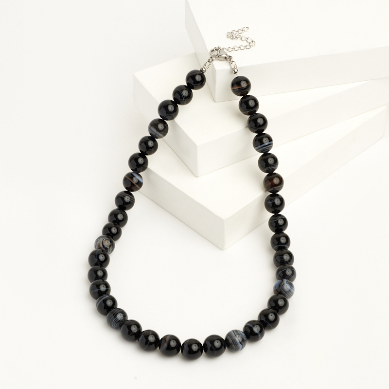 Бусы агат черный Бразилия (сталь хир.) 12 мм 48 см (+7 см)