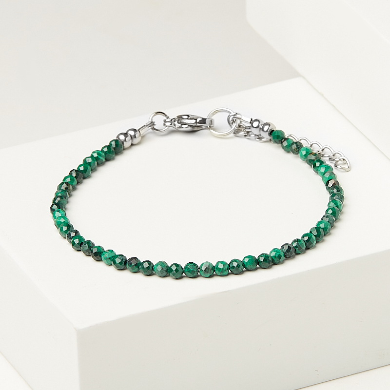 Браслет малахит Конго (сталь хир.) огранка 3 мм 18 см (+3 см)