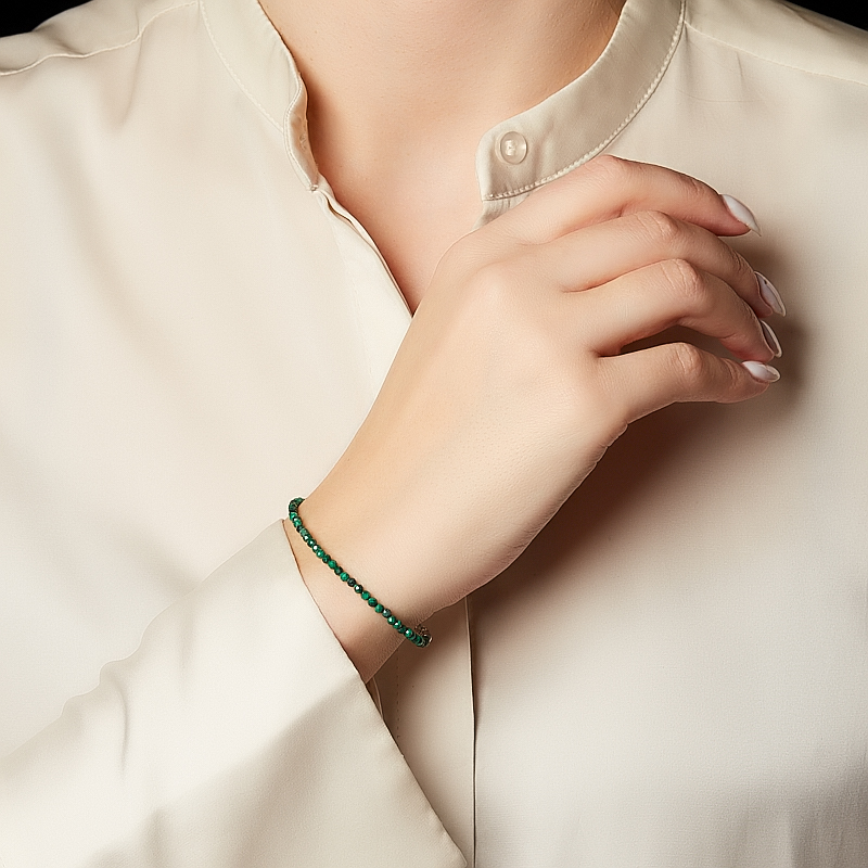 Браслет малахит Конго (сталь хир.) огранка 3 мм 18 см (+3 см)