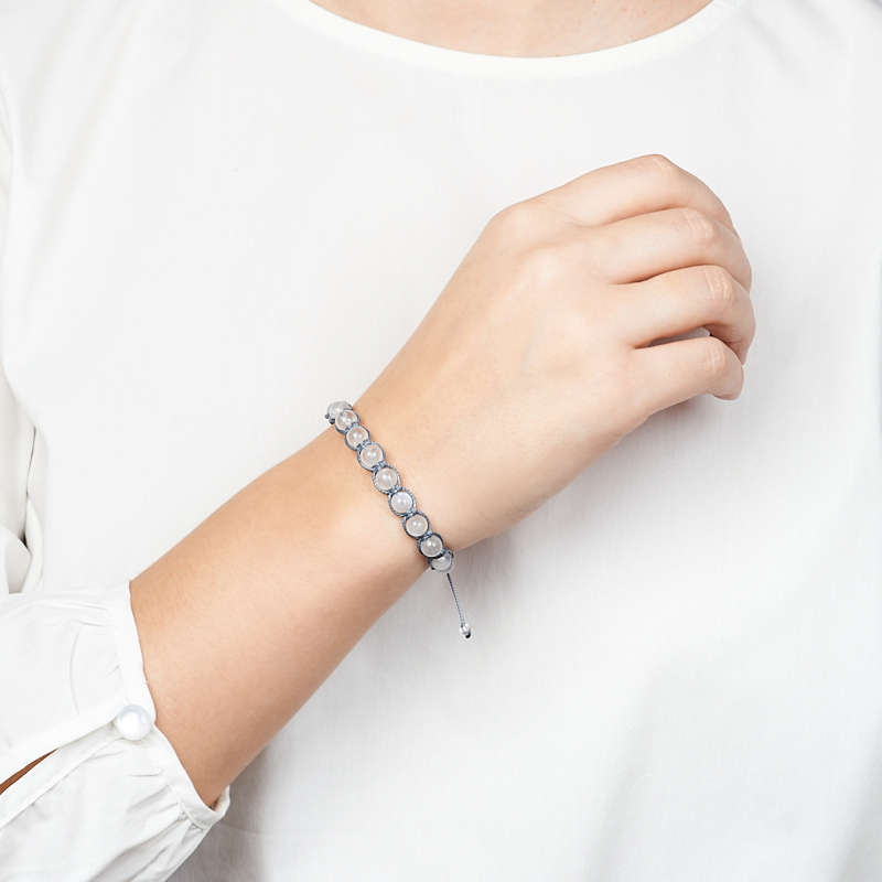 Браслет лунный камень (адуляр) Индия (текстиль) шамбала 6 мм 18 см (регулируемый)