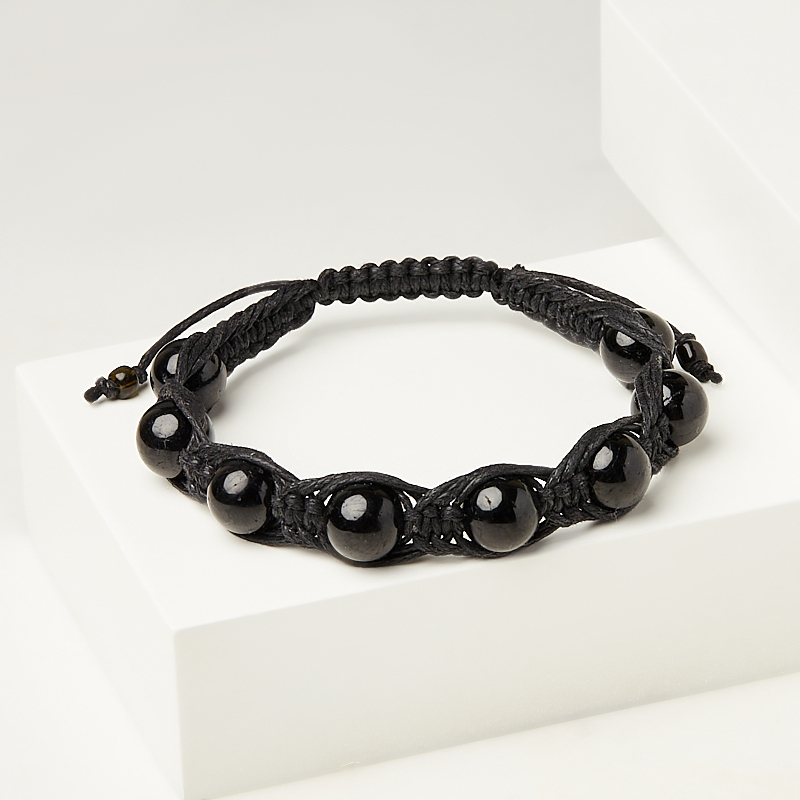 Браслет турмалин черный (шерл) Бразилия (текстиль) шамбала 10&nbsp;мм 18&nbsp;см (регулируемый)