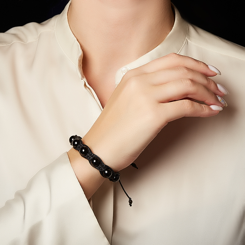 Браслет турмалин черный (шерл) Бразилия (текстиль) шамбала 10&nbsp;мм 18&nbsp;см (регулируемый)