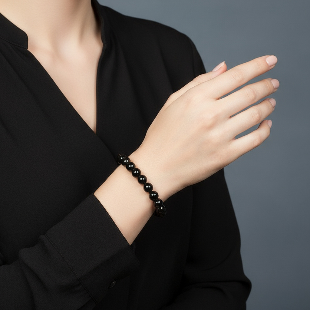 Браслет турмалин черный (шерл) Бразилия 10 мм 19 см