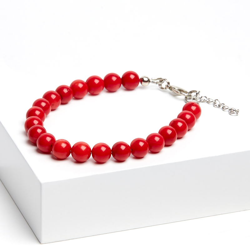 Браслет коралл красный Индонезия (сталь хир.) 7 мм 17 см (+3 см)